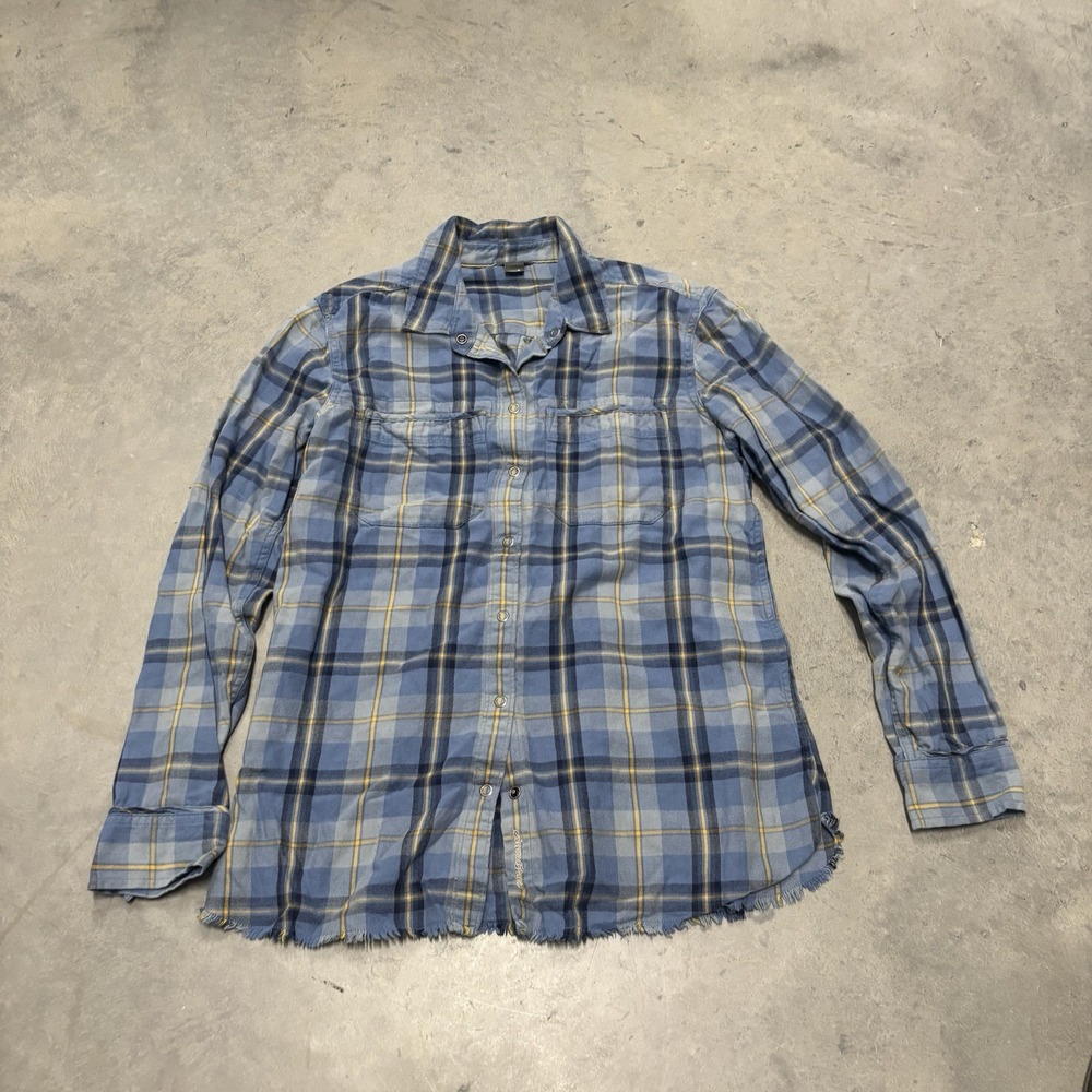 Eddie Bauer Womens Snap-Front Western Flannel Shirt Sz M Frayed Hem Blue Casual